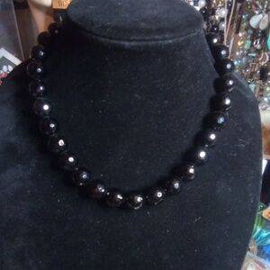 Fancy black faceted bead vintage necklace 925
